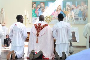 priest and alter servers kneeling during a church service